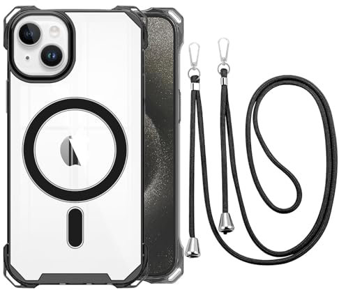 CAROKI Crossbody Lanyard Case for iPhone 14, Ultra Clear Hard Back Magnetic Case Compatible with MagSafe 4 Corners Bumper with Strap Adjustable Neck Cord Necklace Cover for iPhone 14-Black