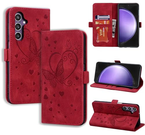 CASAFUNY Handyhülle für Samsung Galaxy S24 FE Hülle, PU Leder Tasche Cover mit Kartenfach Flip Case Magnetisch Klapphülle Schutzhülle für Samsung Galaxy S24 FE, rot