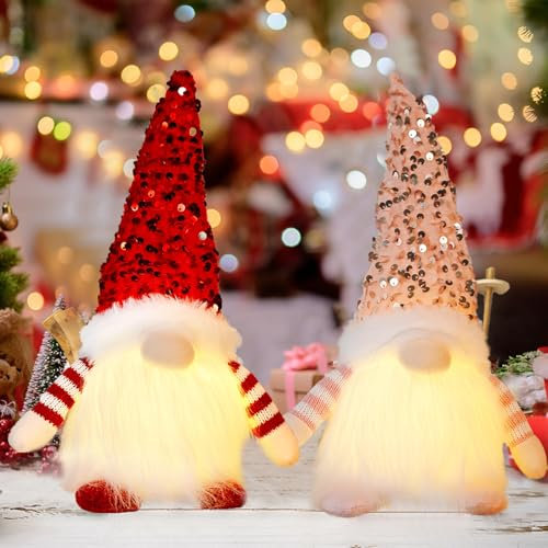 2 Pièces GNOME Lumineux,Décorations de Noël avec Lumière LED,Figurines de Lutin en Peluche,Decoration Noel Lumineuse (Rouge + Rose)