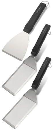 SANTOS Edelstahl Plancha Set 3-Teilig - 2 Grillspachtel, 1 Grillschaber - Plancha, Grillplatte & Teppanyaki - rutschfest - spülmaschinengeeignet