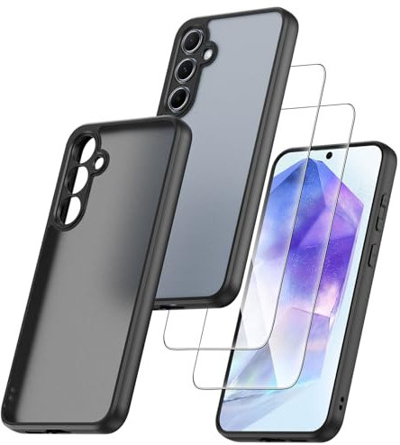 Qlfemna Matt Handyhülle für Samsung Galaxy A55 5G Hülle mit 2 Stück Schutzfolie, 3 in 1 Set Rundumschutz Schutzhülle Cover - urchscheinende PC Rückseite TPU Bumper Silikon Case Schwarz