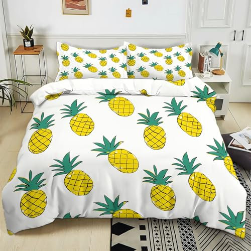 Bettwäsche 135x200 cm Cartoon Gelbe Ananas 3D Bedruckte Bettbezug Einfache Pflege 3-Teiliges Bettwäsche Set Polyester Baumwolle mit Reißverschluss und 2 Kissenbezug