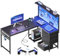 Coleshome Escritorio Gaming con LED, 130 x 100 cm Reversible Mesa Gaming con Cajones y Tomas de Corriente, Escritorio Esquinero con Estantes y Espacio de Almacenamiento, Fibra de Carbono Negra