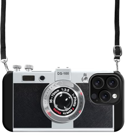 UnnFiko Emily in Paris Handyhüllen iPhone 16 Pro,3D Vintage Kamera lustige kreative hülle mit abnehmbarem Kette,Schutzhülle zum Umhängen,Schwarz.