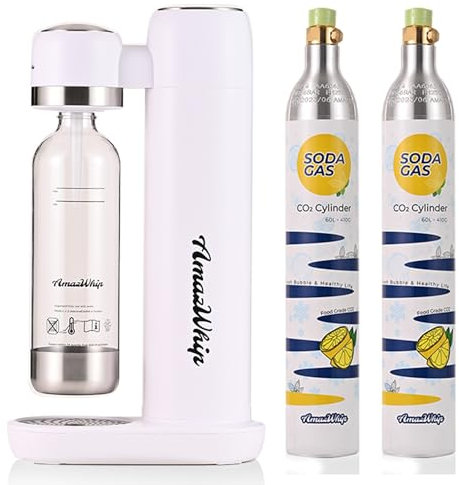 NextWhip Duo Set mit zwei CO2 Zylinder 60L und einem weißen Soda Wassersprudler perfekt für sprudelndes Wasser zu Hause ideal für Getränke Liebhaber und umweltfreundliche Alternative