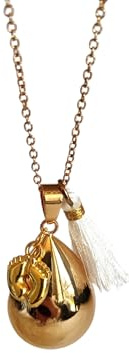Collier Bola de Grossesse Goutte Couleur Or Jaune avec Petits Pieds, Pompon Blanc, Chaîne Fine, Cadeau Femme Enceinte