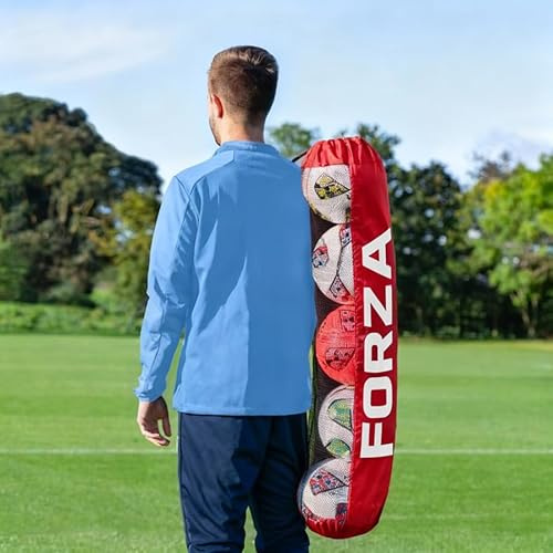 FORZA Tube Ball Bag | Holds Up to 5 Size 5 Footballs - Lightweight Nylon & Mesh Ball Carry Bag - Adjustable Shoulder Strap & Drawcord Closure - Multiple Colours (Red)
