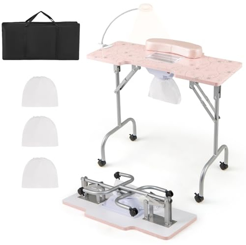 COSTWAY Table de Manucure Pliante avec Collecteur de Poussière Électrique, Bureau d’Esthéticienne avec Lampe LED Coussin pour Poignet Sac de Transport 4 Roues Verrouillables (Rose,90 x 40 x 77 cm)