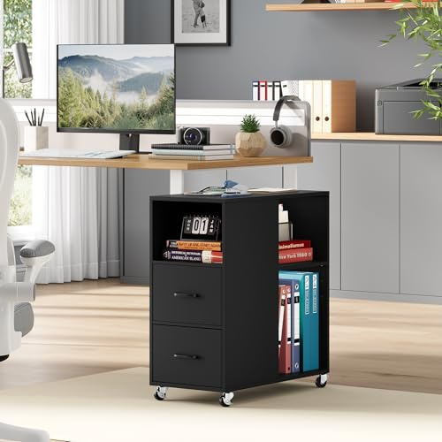 HOCSOK Rollcontainer Schreibtisch mit Verstellbarer Einlegeboden, Schwarz | Mobile Rollcontainermit Rollen Schreibtisch Büroschrank aus Holz für Hängeregistratur im A4, Legal, Letter