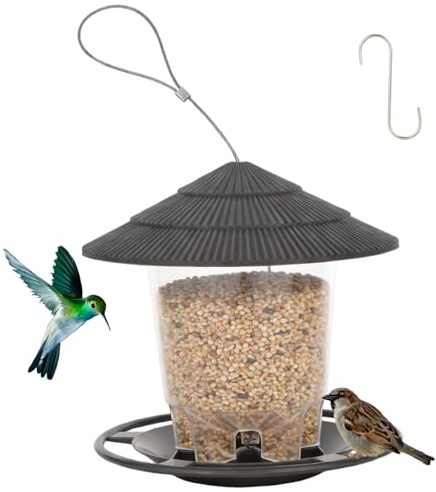 Bemonew Hängendes Vogelfutterhaus wetterfest eichhörnchensicher mit Ständer und Haken transparentes Kunststoff-Vogelfutterhaus für Balkon und Garten