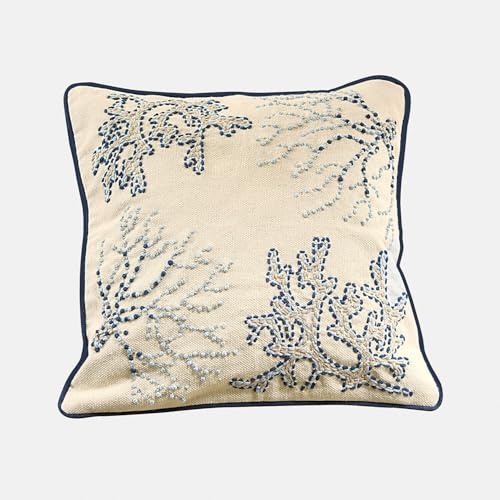 Loberon Kissenhülle Whitmere - Filigranes Korallenmotiv - Detailreiche Stickerei - Maritimer Look - Kissenbezug - Wohntextilien - Baumwolle, blau/weiß