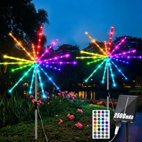 RJEDL 2500mAh Solar Feuerwerk Gartenlichter, 16 RGB 2 Stücke 448LEDs Solarleuchten für Außen, IP65 Wasserdicht 8 Modi&Timer Solarlampen für Außen Garten für Terrasse, Hof, Balkon