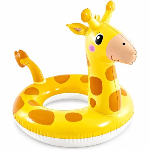 AURALIN Aufblasbarer Schwimmring Giraffe 58 cm für Pool und Strand kompakt | PVC-Schwimmreifen mit 58 cm Größenangabe und offener Ringmitte; das Motiv ergänzt die sommerliche Poolausstattung.