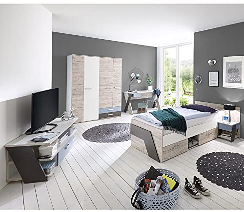Lomadox Jugendzimmer Kinderzimmer Komplett Set, Sandeiche mit weiß, Lava blau, 90x200 cm Einzelbett, Kleiderschrank, Schreibtisch, Nachttisch, Highboard-Kommode