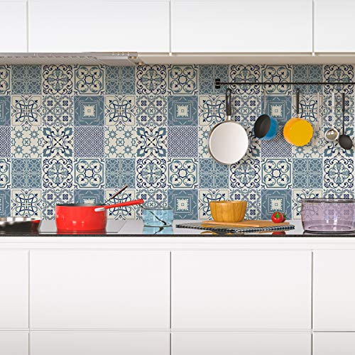 Ambiance Sticker Selbstklebende Aufkleber, Wanddekoration, Fliesenaufkleber für Badezimmer und Küche Azulejos Zementfliesen Nazzareno - 24 Stück Aufkleber 10 x 10 cm