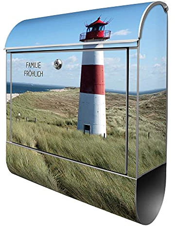 banjado® Design Briefkasten personalisiert Leuchtturm 38,5x46,5x13cm & 2 Schlüssel - Briefkasten Stahl Silber Zeitungsfach pulverbeschichtet - Postkasten A4 Einwurf inkl. Montagematerial