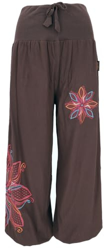 GURU SHOP Weite Pluderhose mit Breitem Bund, Blumenstickerei - Dunkelbraun, Damen, Size:S/M