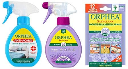 set Protezione Indumenti : Orphea Anti-Acaro 150 ml + Orphea Salvalana 150 ml + Orphea salvalana foglietti Anti Tarme