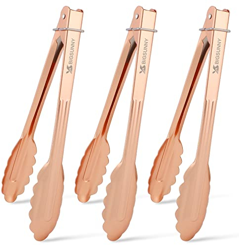 MSY BIGSUNNY 9 Inch Kitchen Food Tongs for Cooking and Serving Stainless Steel Tongs- Aluminum - Set of 3 (Pink Gold)