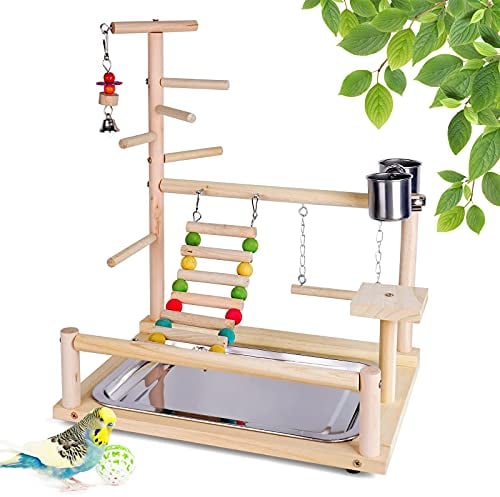 JasCherry Vogel Spielplatz Papagei Spielplatz Holz Gym Vogelständer Barsch Turnhalle Leiter Laufgitter Spielzeug Übungsspiel für Wellensittiche Nymphensittich mit Feeder Cups Tablett Schaukel #A