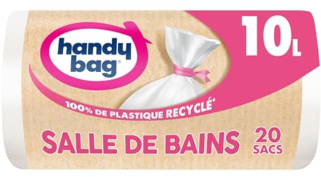 Handy Bag - Sacs poubelle salle de bains à lien 10L x 20 sacs - Adapté aux petites poubelles - Étanchéité maximale - Fond anti-fuite - 100% plastique recyclé