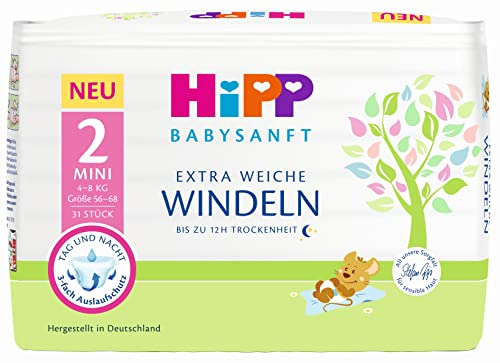 HiPP Extra Weiche Premium Windeln 2, Mini 4-8 kg, 93 Stück (3 Packungen mit 31), mit 3-fach Auslaufschutz und Duo Hautschutz