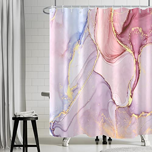 Uiiooazy Duschvorhang Rosa Gold, Duschvorhang Marmor Optik Blau Violett Abstrakt Duschvorhäng Anti Schimmel Wasserdicht Polyester Stoff Waschbar Bad Vorhang mit 12 Haken für Badezimmer 180Bx180Hcm