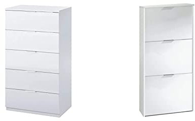 Habitdesign Comoda 5 Cajones, Sinfonier, Modelo Alaya, Acabado + Zapatero 3 Puertas, Zapatero Estrecho, Acabado