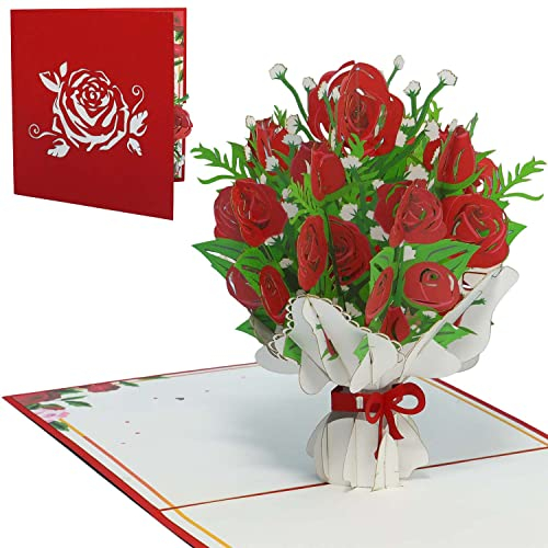 LINPOPUP® Pop-Up Karte Blumen - Grußkarte 3D, Blumenstrauß, Geburtstagskarte, Muttertagskarte, 3D Blumenkarte für Frau, Mutter, Freundin, als Gute Besserung, Garten Gutschein, Rosen, N506