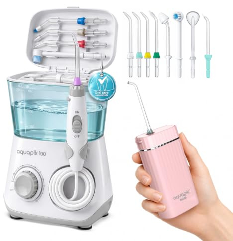 Aquapik® DUO Munddusche Aquapik® 100 Desktop + Aquapik® Mini, tragbar, von Zahnärzten empfohlen + Plaque-Entferner + pflegt Implantate und Kieferorthopädie, tiefe Mundhygiene (b. Weiß - Rosa)