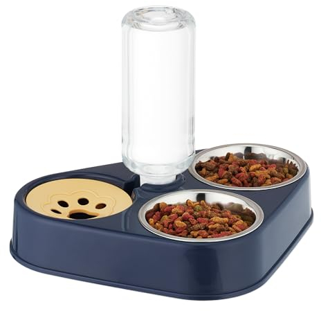 Relaxdays Doppelnapf mit Wasserspender, Katzen & kleine Hunde, 500 ml Flasche, 120 ml Edelstahl Katzennapf, blau/Silber