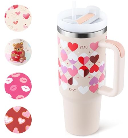PRAOAHEI 40oz Thermobecher mit Strohhalm und Henkel, 1180 ML Edelstahl Heiße Kalte Getränke Vakuum Trinkbecher, Geschenk für Frauen Liebhaber Freunde, Rosa