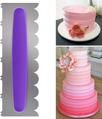 Stainless Steel Cake Scraper Double Sided Patterned Cake Edge Smoother Baking Cakes Comb Icing Polisher Mousse Cream Metal Cake Decorating Tool for Cake Pastry Cream Baking DIY (Blue)