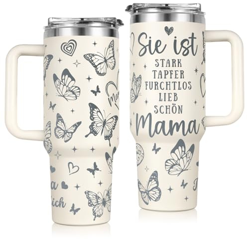 Juratar® Geschenke für Mama 1200ml 40oz Kaffeebecher to Go, Personalisierte Mama Geschenk Doppelwandiger Edelstahl Vakuum Isolierbecher mit Griff und Stroh, Geburtstagsgeschenk für Mama