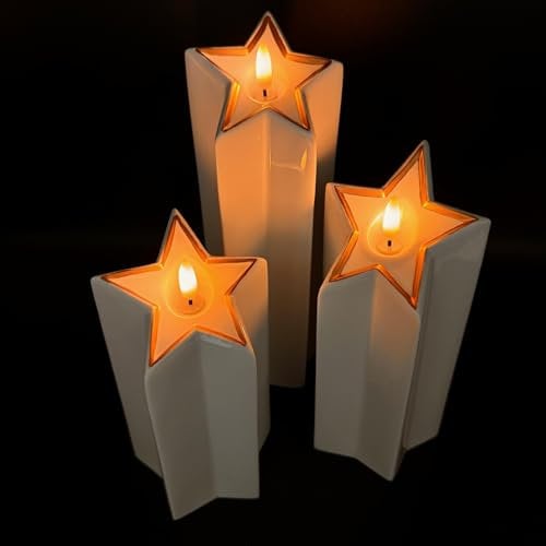 3er Set LED Kerzen aus Keramik in Sternenform inkl. 6-Stunden Timerfunktion - Realistische Flamme - Weihnachten (Roségold)