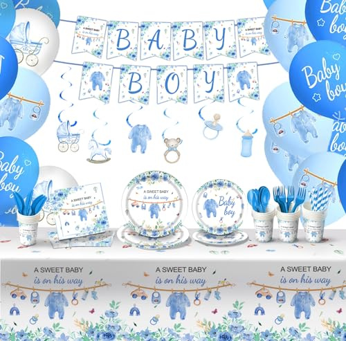 Vajilla Baby Shower Niño 20 personas - 216 pcs. Decoracion Baby Shower Niño Accesorios Fiesta Baby Boy Platos Vasos Servilletas Cubiertos Pajitas Mantel Guirnalda Globos Decoração Chá Bebé Meninos