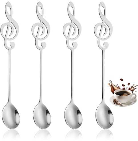 4 Stück Kaffeelöffel mit Musiknoten, Kreatives Löffelset aus Edelstahl, Dessertlöffel für Kaffee, Eis & Zuhause, Dekoratives Löffelset, Musik Geschenk,Silber