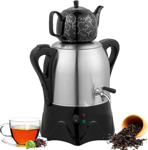 Elektrischer Türkischer Teebereiter (3 L) Mit 1-l-Keramik-teekanne, Edelstahl-samowar, Warmhaltefunktion Und Geteiltem Design Für Perfekte Teezubereitung Black