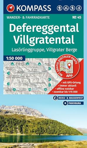 KOMPASS Wanderkarte 45 Defereggental, Villgratental, Lasörlinggruppe, Villgrater Berge 1:50.000: Wander- und Fahrradkarte in einem - inklusive ... Radwege. Panorama. Skitouren. Langlaufen.