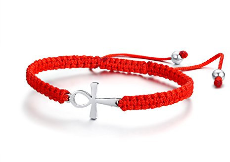 VNOX Stainless Steel Ankh Cross With Handmade Good Luck Red String Braided Rope Adjustable Bracelet For Women