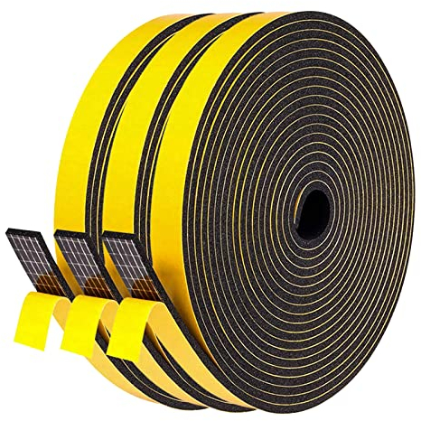 fowong Adhesive Foam Tape 12 mm(W) x 3 mm(T) Draught Excluder Weather Stripping House Sealing Furniture Protective SoundProof, Total 15M Long (3 Rolls of 5M Long Each)