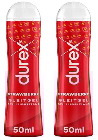 Durex Gleitgel Strawberry – Wasserbasiertes Erdbeer Gleitmittel für angenehme Gleitfähigkeit, sanft & pH-freundlich – 2 x 50 m