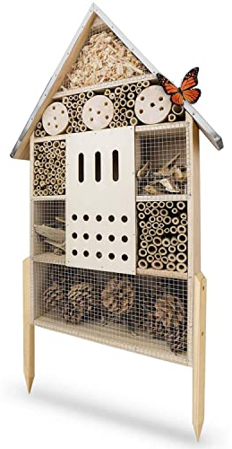 wildlife friend Insektenhotel XXL Stehend - Bienenhotel mit Standfuß 76 cm, Metalldach - Groß Wildbienenhotel - Insektenhaus für Bienen, Marienkäfer & Schmetterlinge | Insektenhotel Bausatz, Holzfarbe