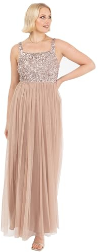 Maya Deluxe Damen Maxikleid Mit Breiten Trägern, Ärmellos, Quadratischer Ausschnitt, Verziert Für Hochzeit, Gast, Abschlussball Bridesmaid Dress, Taupe Blush, 44 EU