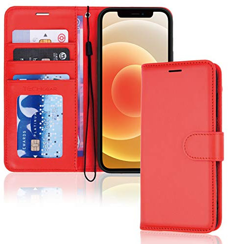 TECHGEAR iPhone 12 / iPhone 12 Pro Leather Wallet Case, Flip Protective Case Cover with Wallet Card Holder, Stand and Wrist Strap - Red PU Leather with Magnetic Closure for iPhone 12/12 Pro 6.1
