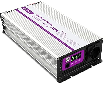 BELTTT Reiner Sinus Wechselrichter Spannungswandler mit LED Display, 2 USB Anschlüsse und EU Steckdose Umwandler Inverter Konverter für Fahrzeug Solar Hause Schiffe (1000W/24V)