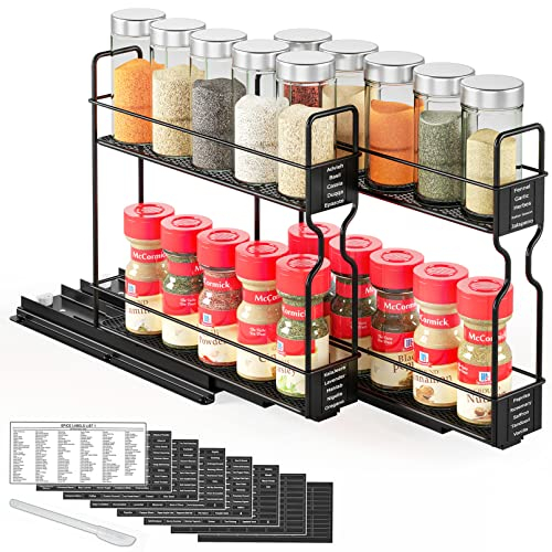 SpaceAid Herausziehbares Gewürzregal für Schrank, robust, ausziehbar, Gewürz-Organizer für Küchenschränke, mit 415 Etiketten und Kreidemarker, 13 cm Bx26 cm Tx25 cm H, 2 Schubladen, 2 Ebenen, schwarz