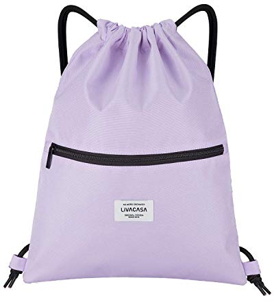 LIVACASA Turnbeutel Mit Reißverschluß Innentasche Sportbeutel Wasserdicht Hipster Beutel Seitentasche Gym Bag Gefüttert Rucksack Mit Verstellbar Tunnelzug Gymsack für Damen Herren (Violett, 42x33cm)