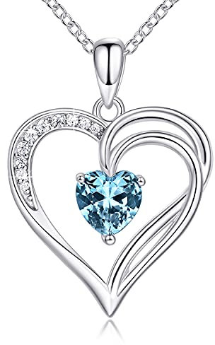 AM ANNIS MUNN 925 Sterling Silber Kette Herz Halskette Damen Geburtsstein Halskette für Frauen Doppelherz Kette Silber Schmuck Damen Geschenke für Frauen Mama Freundin (03-Aquamarin)