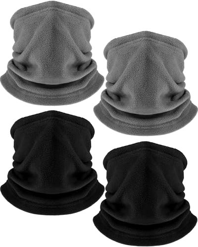 Hicarer 4 Pieces Winter Fleece Neck Warmer Snoods for Men Women Gaiter Thick Thermal Windproof Ski Neck Scarf Balaclava(Black, Gray)